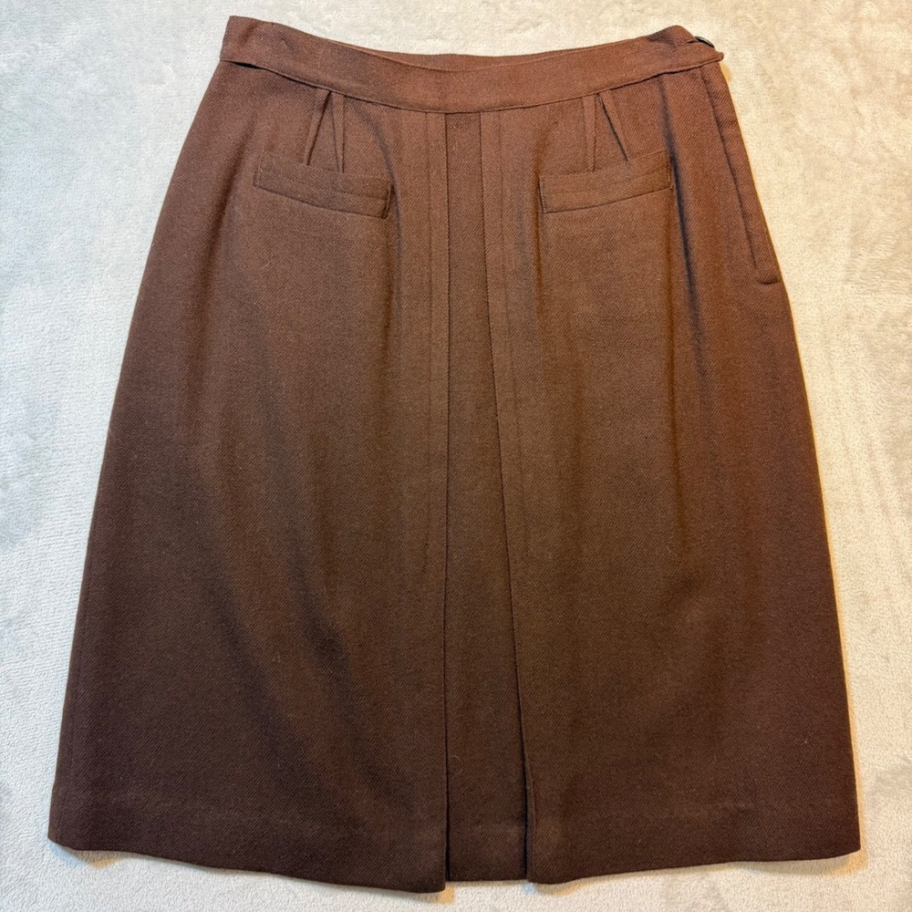 Vintage Brown Pleated Midi Skirt High Waisted Wool Blend Academia A-Line minimal